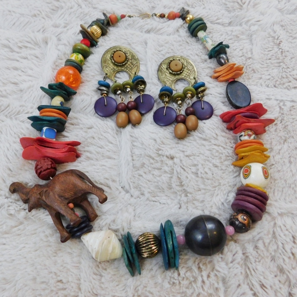 Tribal set, boho, elephant necklace, earrings